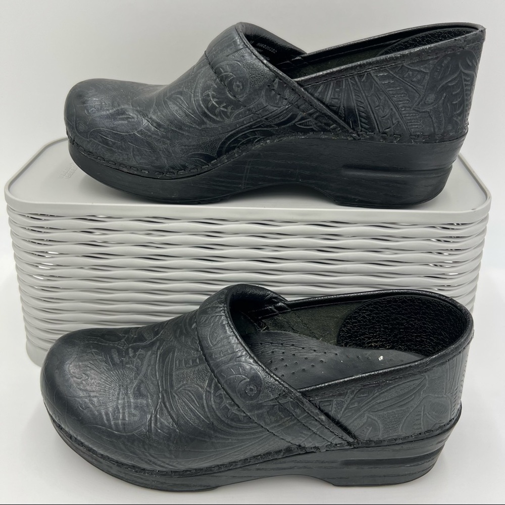 Dansko Black Floral Tooled Leather Clogs Size 38